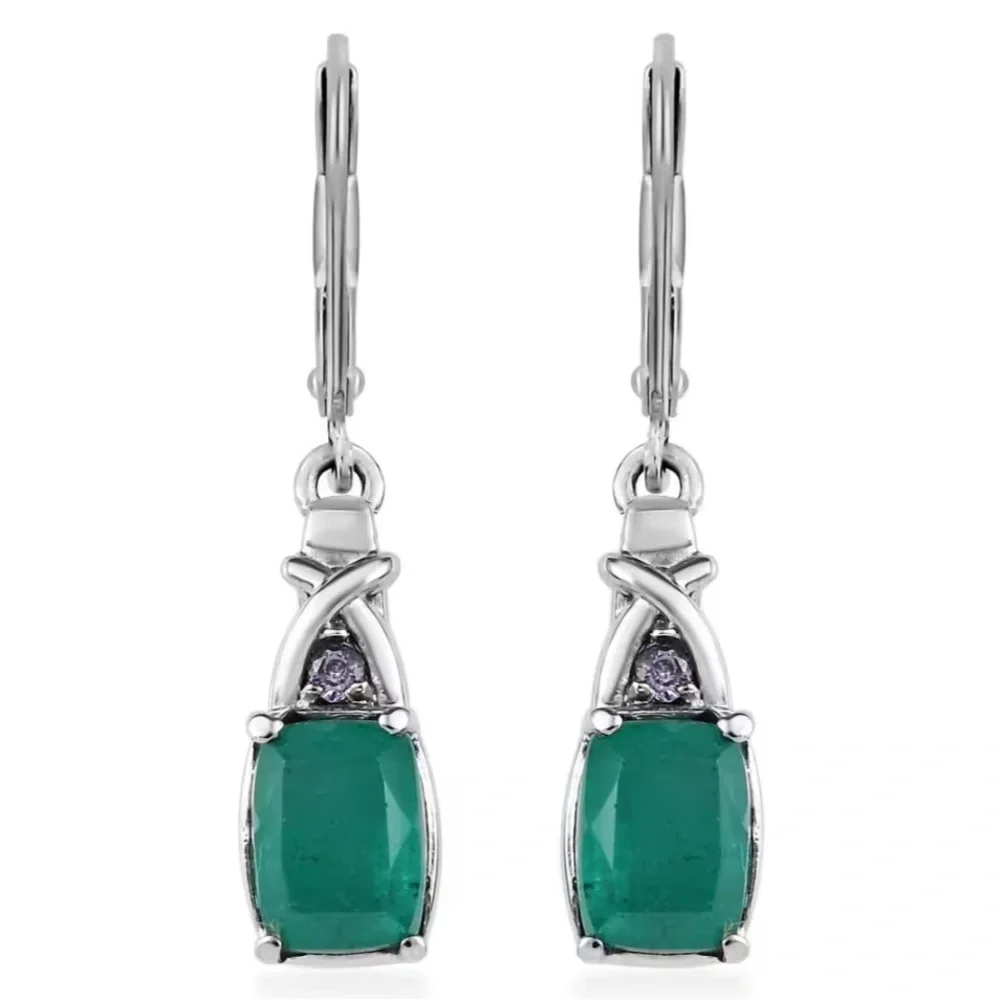 Emeraldine Quartz Simulated Tanzanite Color Diamond Lever Back Earrings